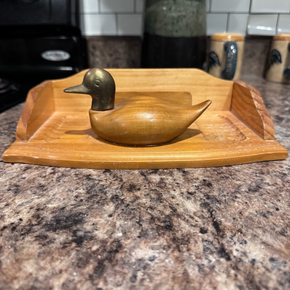 Brass & Wood Duck Desk Organizer Trinket Tray Vintage